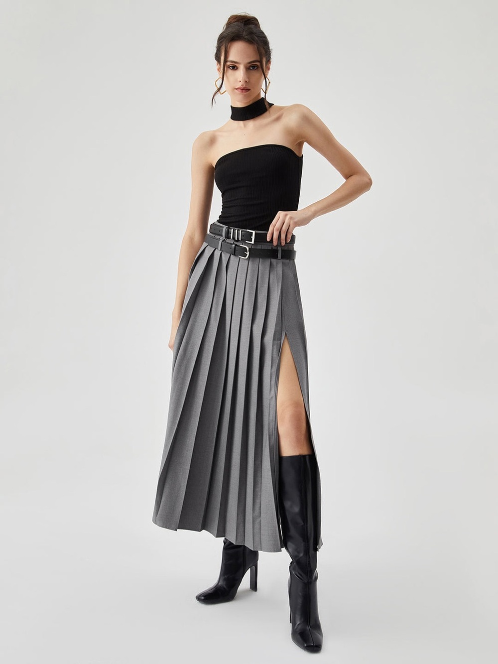 Commense Pleated Split Maxi Skirt Without Belt in Grey size Large. New with tag